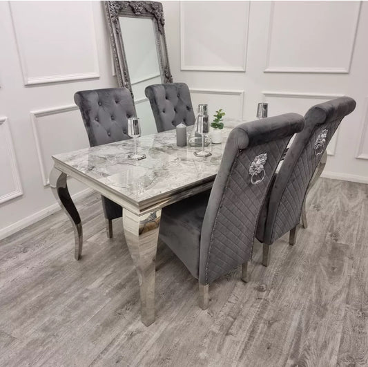 Louis 1.5 dining table with 6 grey Emma chairs